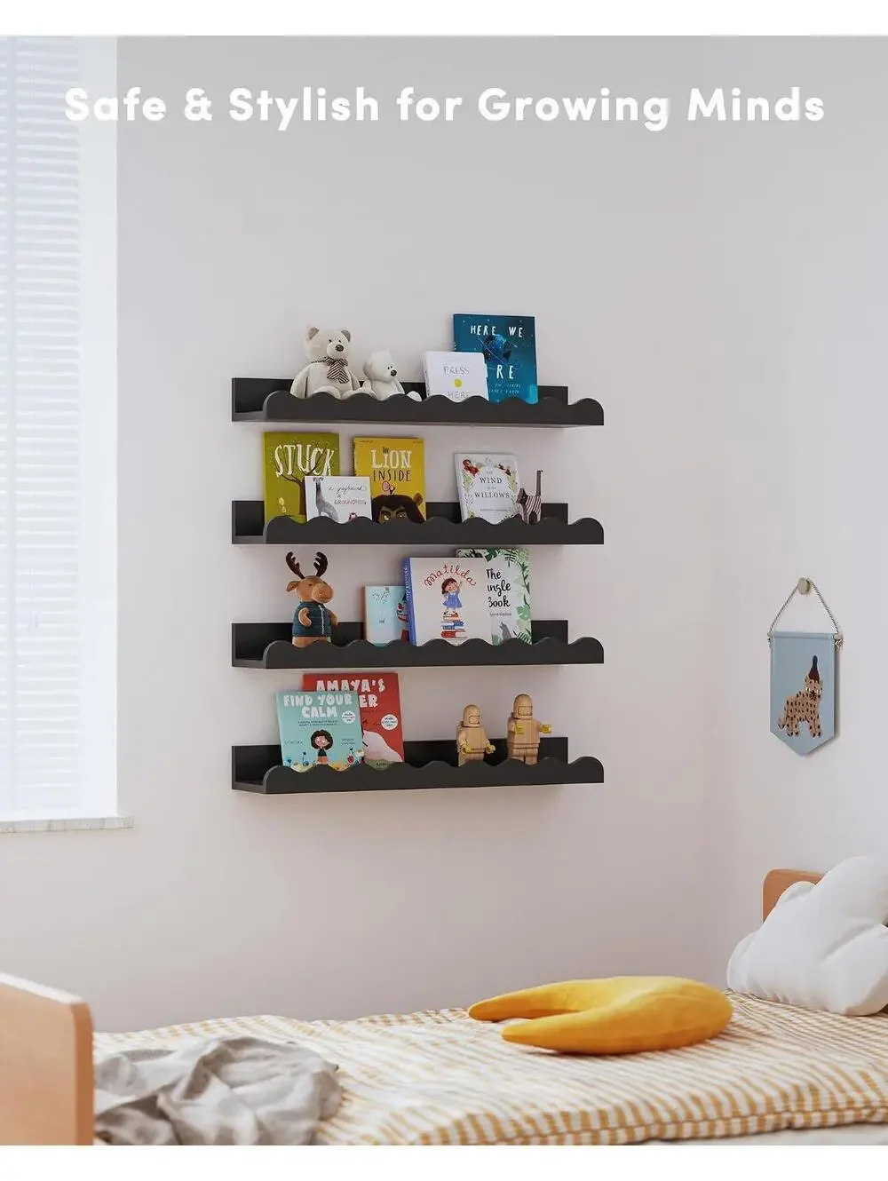 Seocry Black Floating Nursery Bookshelves, Set of 4, 12 in Length